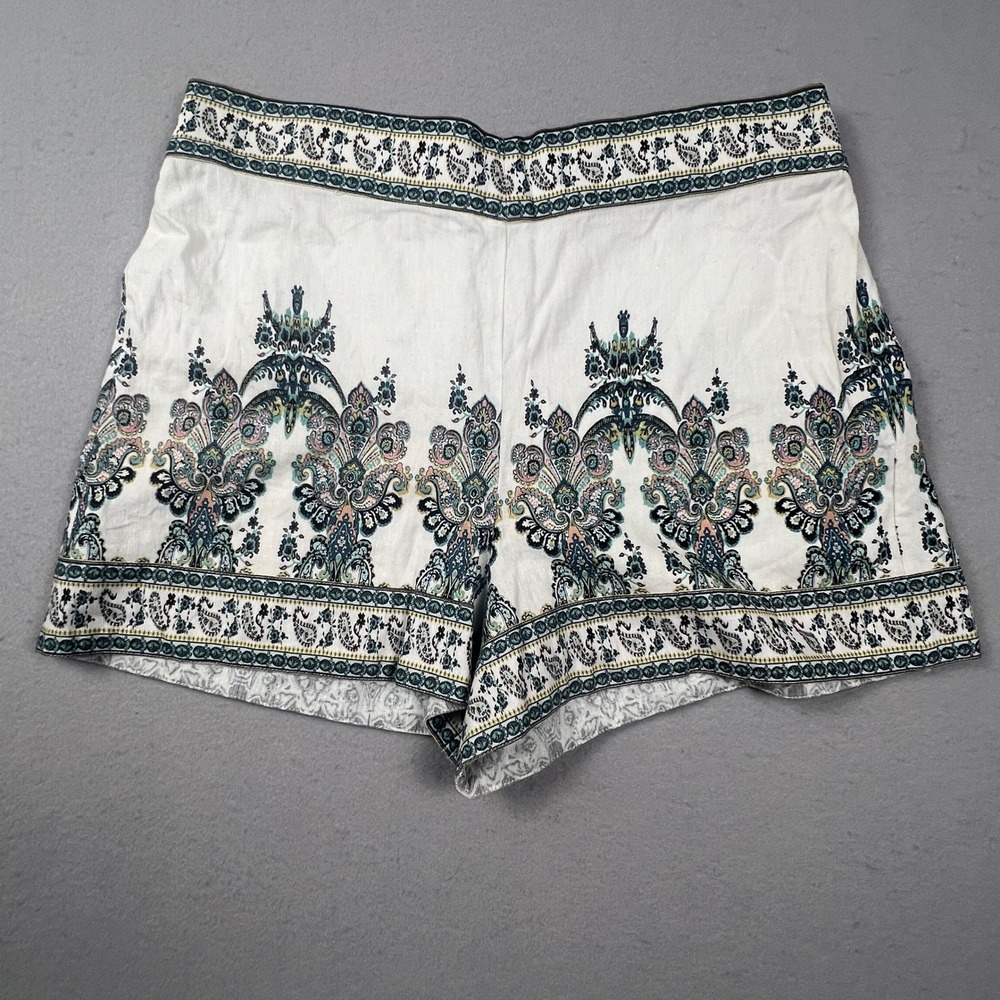 Boho Summer‎ Paisley Print Shorts Womens Large White Linen Blend  Festival Venus